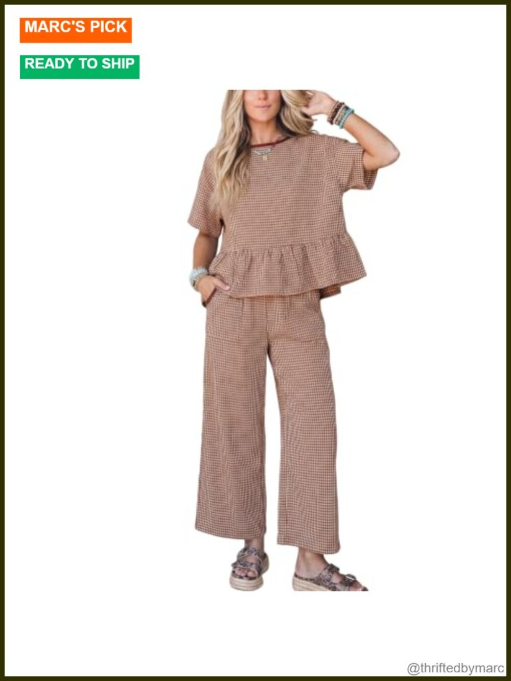 Womens Gingham 2 Piece Lounge Set Plaid Peplum Top Wide Leg Pants Casual